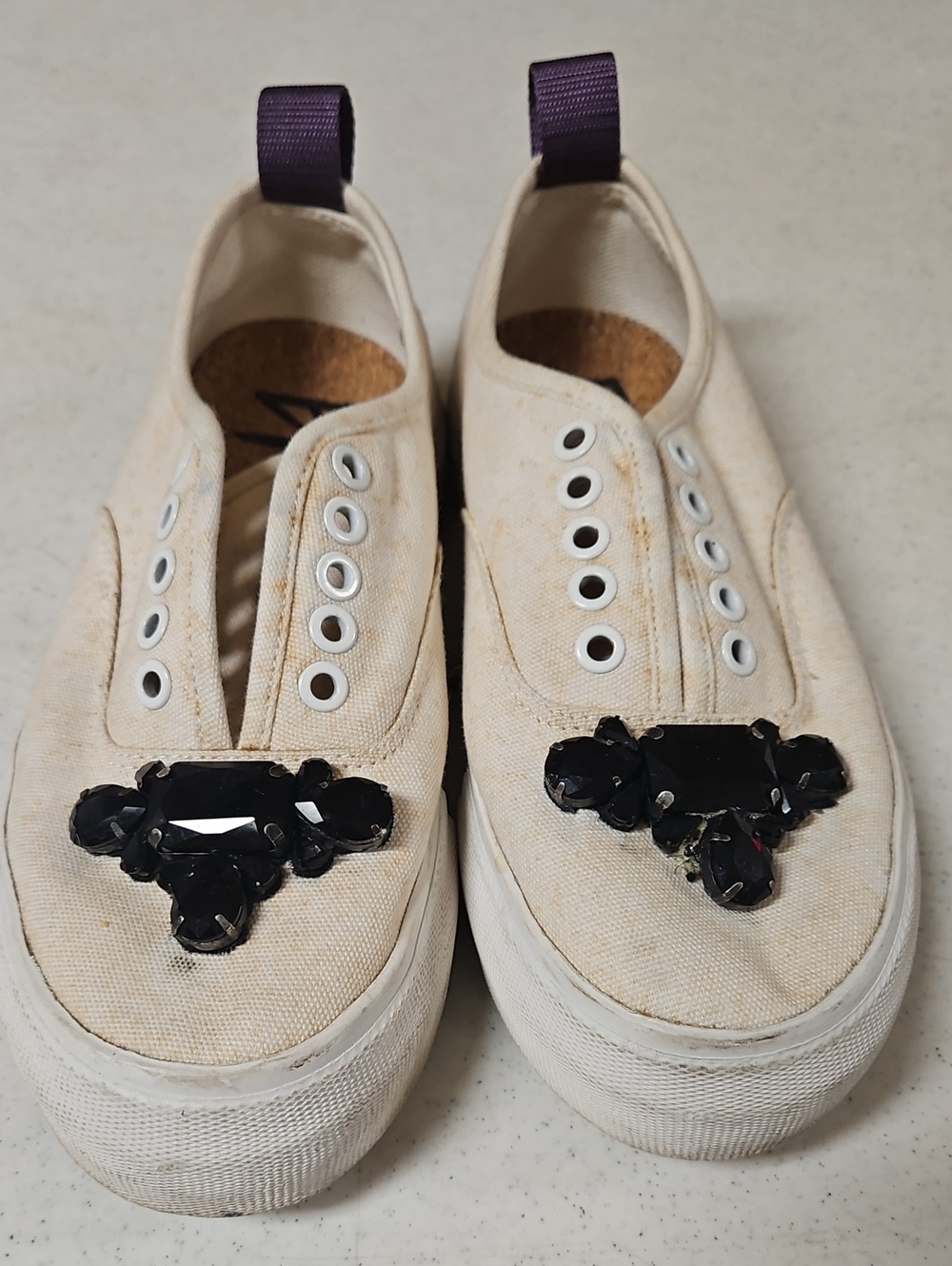 Carolina Herrera Cream Canvas Slip-On Sneakers with Black Gem Embellishment